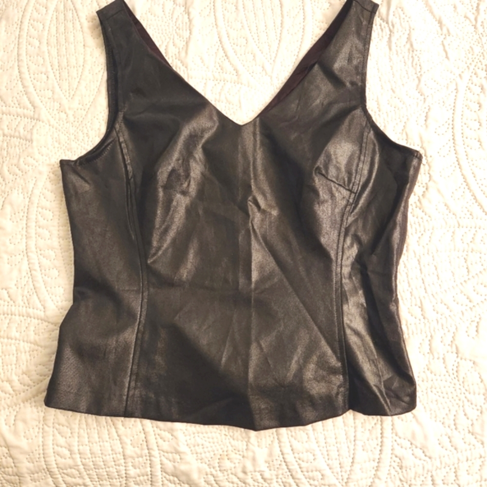 Vintage Faux Leather Black V-neck Zip Tank
